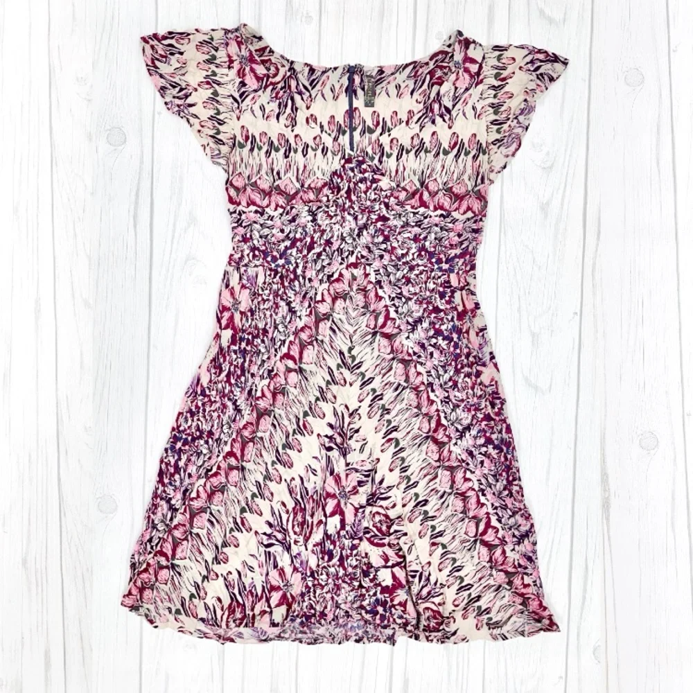 Vintage Free People Pink Geometric Floral Flutter Sleeve Fit & Flare Dress Sz 10